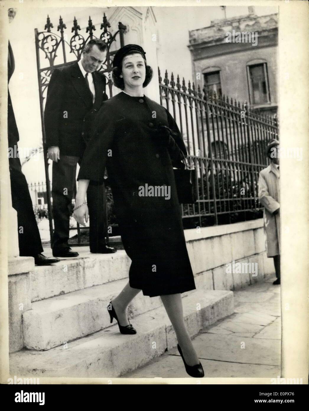Apr. 03, 1957 - Duchess of Kent and Princess Alexandra in Athens: The Duchess of Kent - formerly Princess Marina of Greece and her daughter Princess Alexandra are on a short stay in Athens. They attended a service at the Anglican Church on Sunday. Photo shows Princess Alexandra leaves the Church after the service. Just behind is Mr. George Allen the United States Ambassador to Greece. Stock Photo