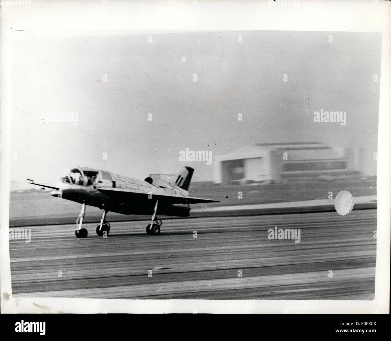 Apr. 04, 1957 - Britain's-First Vertical Take-off Aircraft Has Her Maiden Flight. The short SC.1 Britain's first vertical take-off experimental aircraft had her maiden flight at Boscombe Down, Hampshire, recently. The machine which looks like beetle - was piloted by Mr.Tom Brooke-Smith the chief test pilot. keystone Photo Shows:- The short SC-1 lands with a parachute to help her braking power - after the maiden flight at the Ministry of Supply Experimental establishment at Boscombe Down. Stock Photo