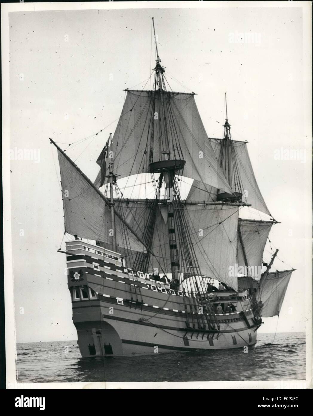 Apr. 04, 1957 - Mayflower II leaves on Atlantic Voyage. The ''Mayflower 11'' - replica of the vessel used by the Pilgrim Fathers in their historical journey from Plymouth. Devon to Plymouth, Massachusetts in 1620, left Plymouth on Saturday, at the start of the repeat voyage. Photo shows the Mayflower II - seen at the start of it;s Atlantic voyage from Plymouth on Saturday. Stock Photo
