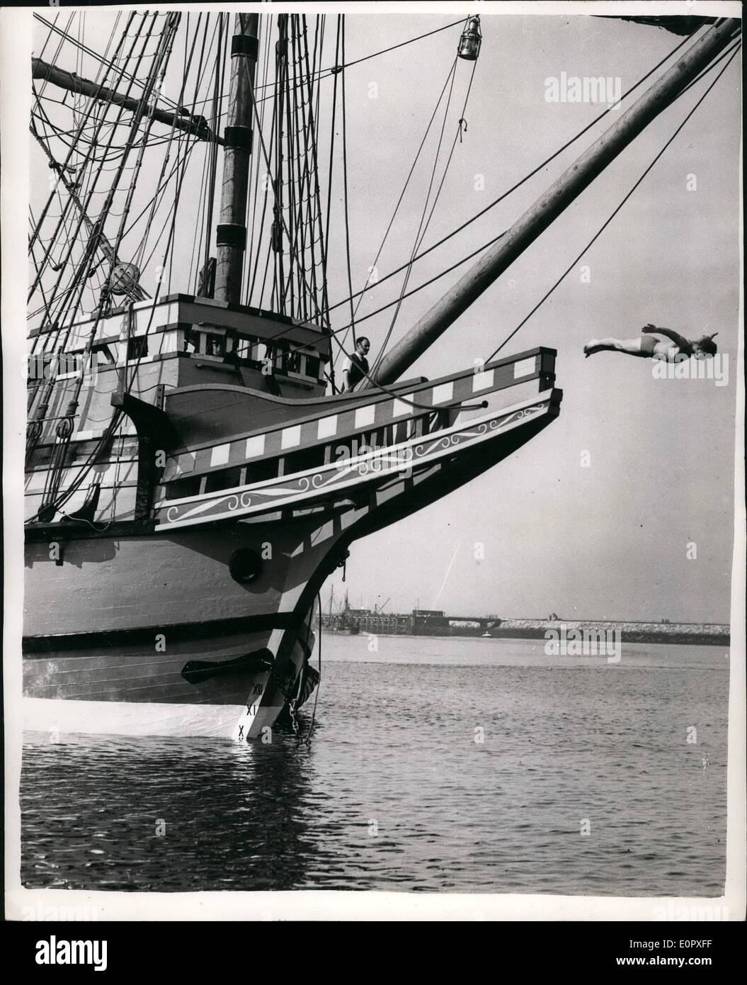 Apr. 04, 1957 - The ''Mayflyer'' from the ''Mayflower''...History repeats itself; Preparations are going ahead at Brixhan, Devon to Plymouth Massachusetts - over the route taken by the original vessel with the Pilgrim Fathers aboard in 1620 to found the settlement of Plymouth. The Pilgrim Fathers are regarded as the pioneers of American Colonization. A member of the crew aboard the ship will be Sub-Liet. John Winslow who is a descendant of John Winslow who sailed to the United States in the original ship. Sub. Lieut Stock Photo