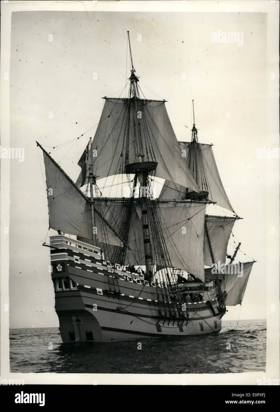 Apr. 04, 1957 - ''MayFlower II'' leaves on Atlantic voyage: The ''Mayflower II'' replica of the vessel used by the Pilgrim Fathers in their historical journey from Plymouth, Devon, to Plymouth, Massachusetts in 1620 left Plymouth on Saturday at the start of the repeat voyage. Photo shows the Mayflower II seen at the start of it's Atlantic voyage from Plymouth on Saturday. Stock Photo