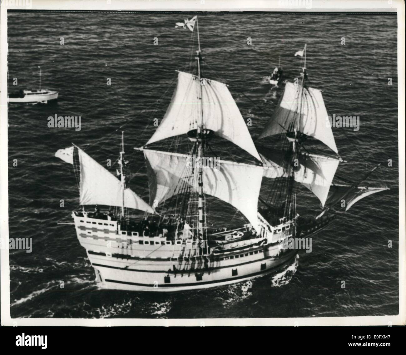 Apr. 17, 1957 - The ''Mayflower II'' under sail at last: The Mayflower II traveled under full sail for the first time yesterday Stock Photo