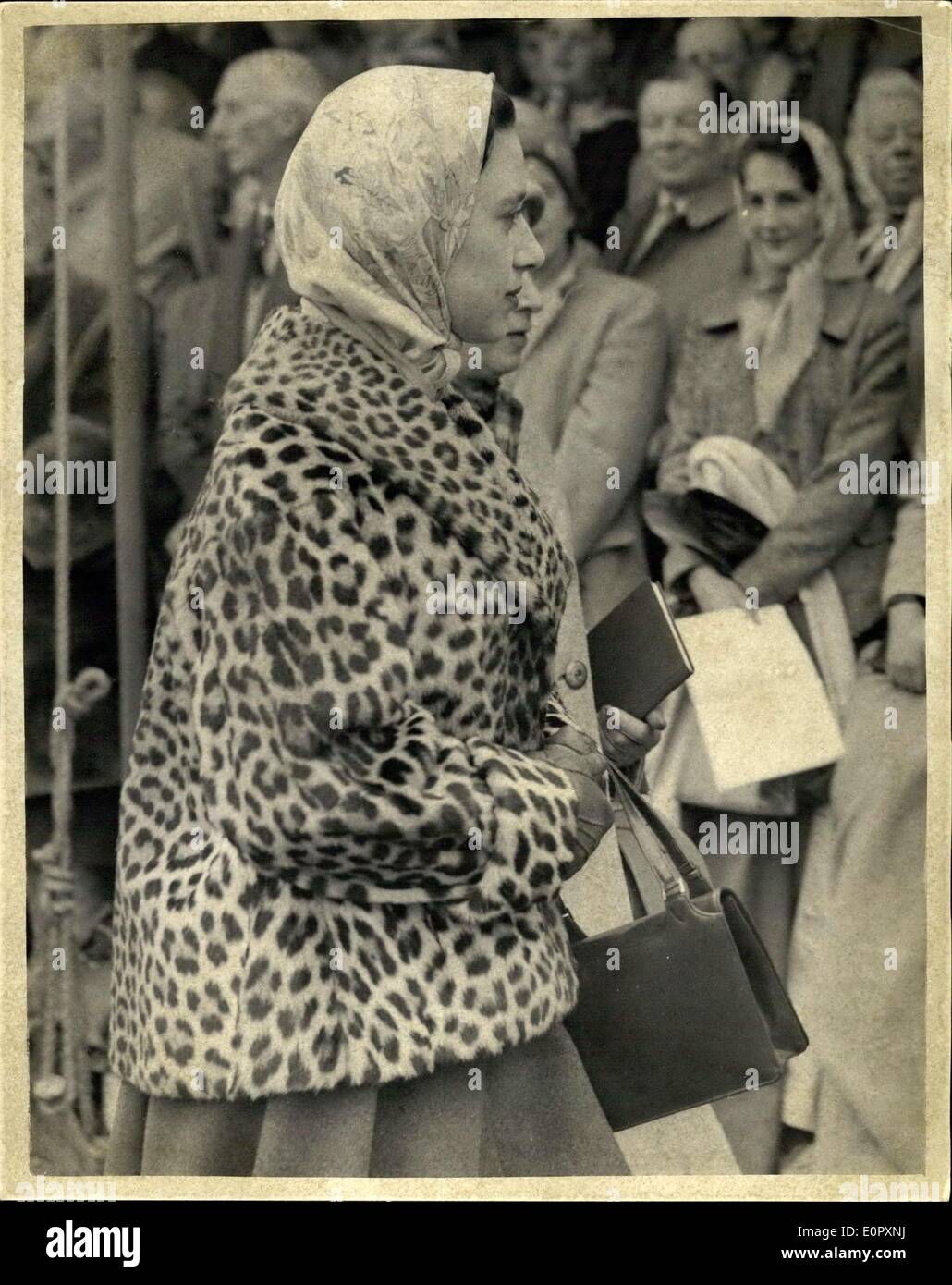 Apr. 27, 1957 - Royals At Badminton Horse Trials.: Photo shows Princess Margaret, wore this leopard skin coat when she arrived to watch the final of the three day event - Show Jumping -during the Badminton Horse Trials today - the last day. Stock Photo