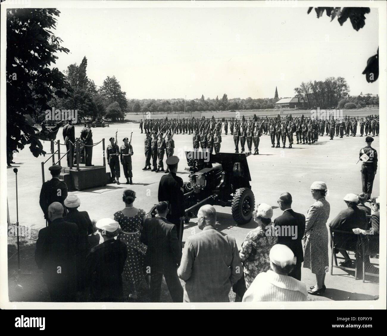 Jun. 14, 1957 - Passing out parade of the Mins Officer Cadet School. The March Off.: Field Marshall Viscount Montgomery took the salute at the Passing Out Parade of the Mons Officer Cadet School, Aldershot today. Photo shows - General view at the March Off during the Parade at Aldershot today. Stock Photo