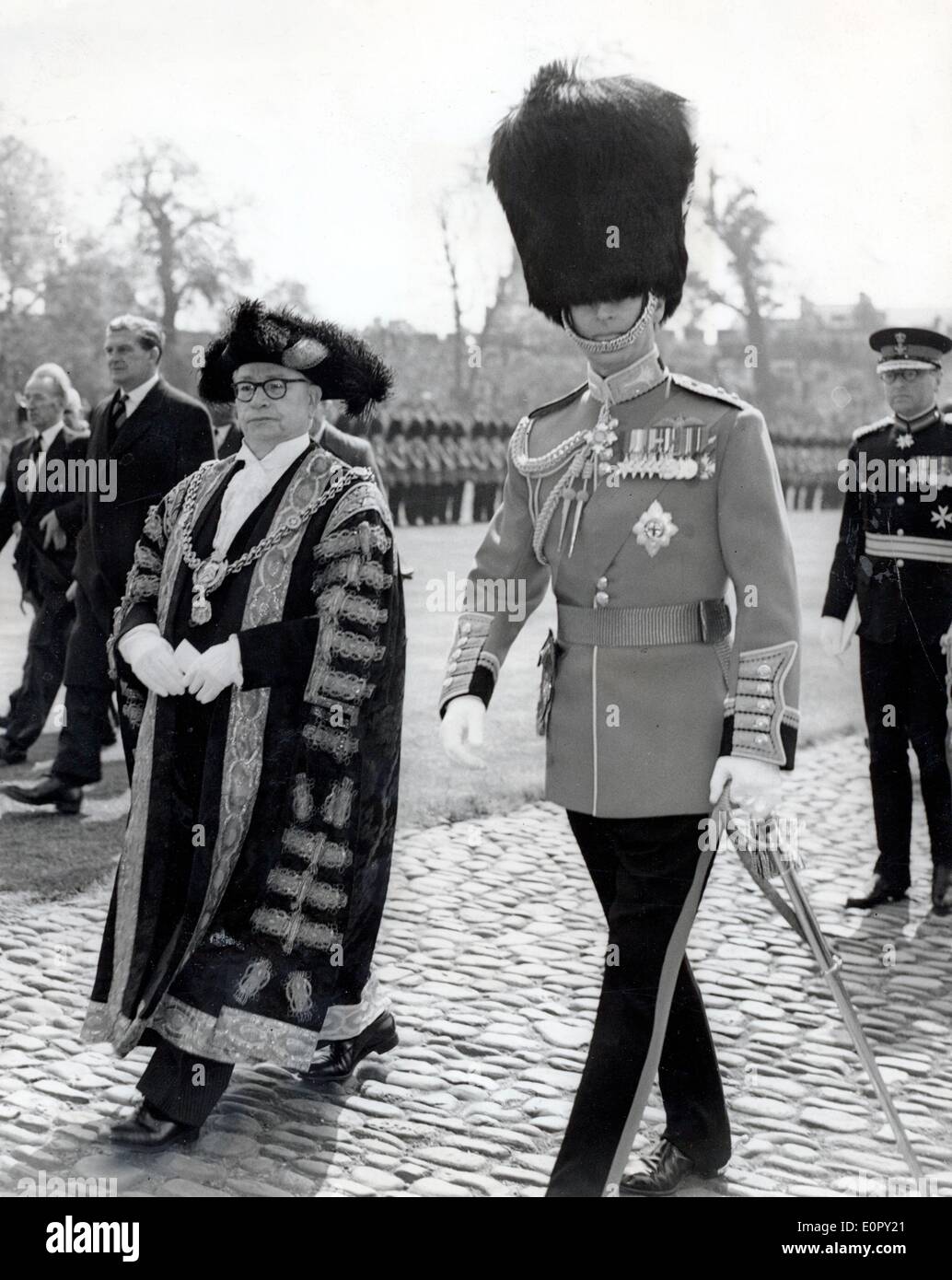 Prince Philip in Welsh guards uniform with Mayor Williams Stock Photo
