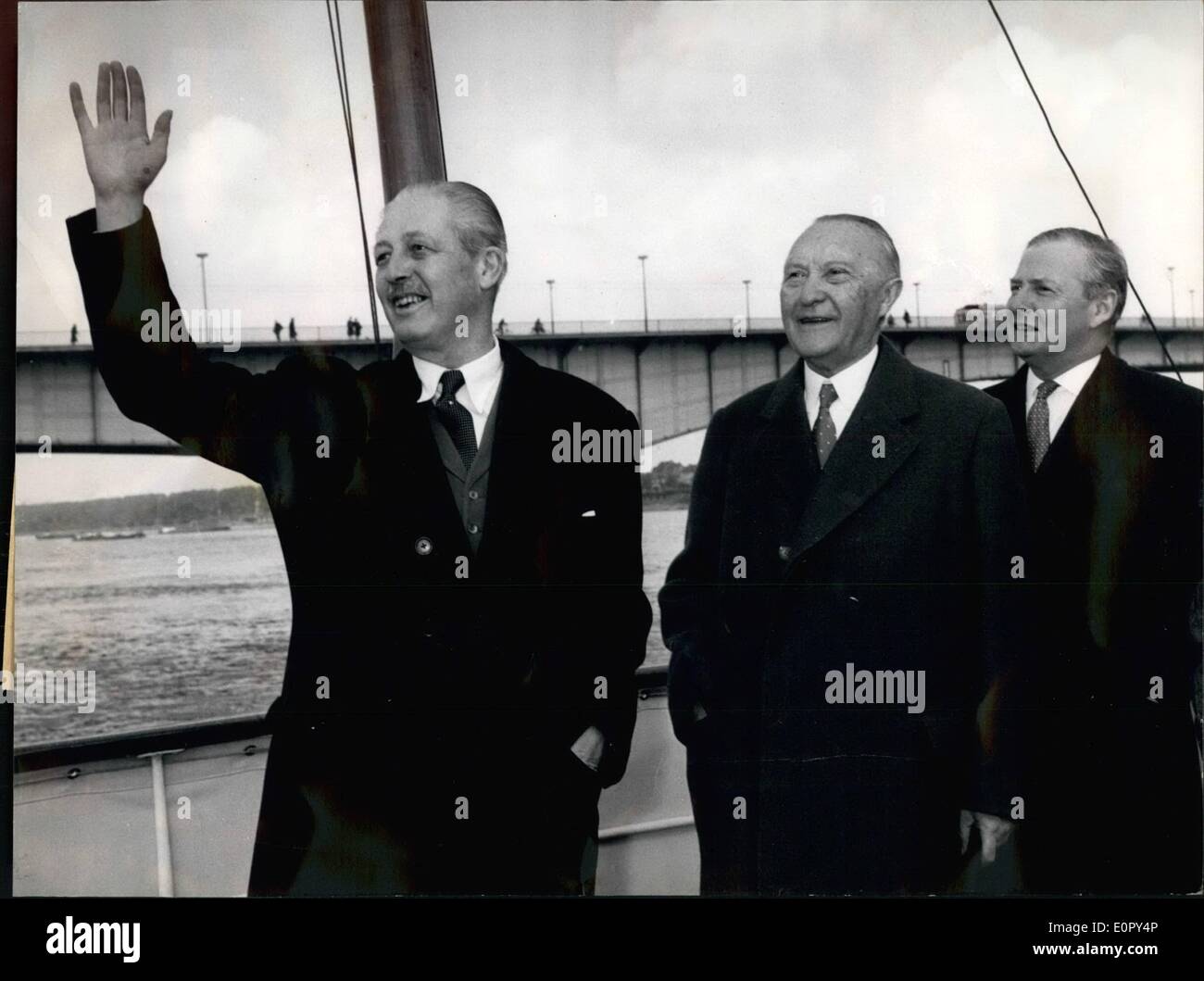 May 05, 1957 - To a Rhine trip.: cames the British Prime minister Harold McMillan with Chancellor Dr. Konrad Adenauer on the Rhine steamer ''Stadt Koling'' on the 8th of May 1957. Photo shows from left to right Mr. McMillan Chancellor Dr. Adenauer and the British Minister for the Foreign Affaires Mr. Selwwyn Lloyd. Stock Photo