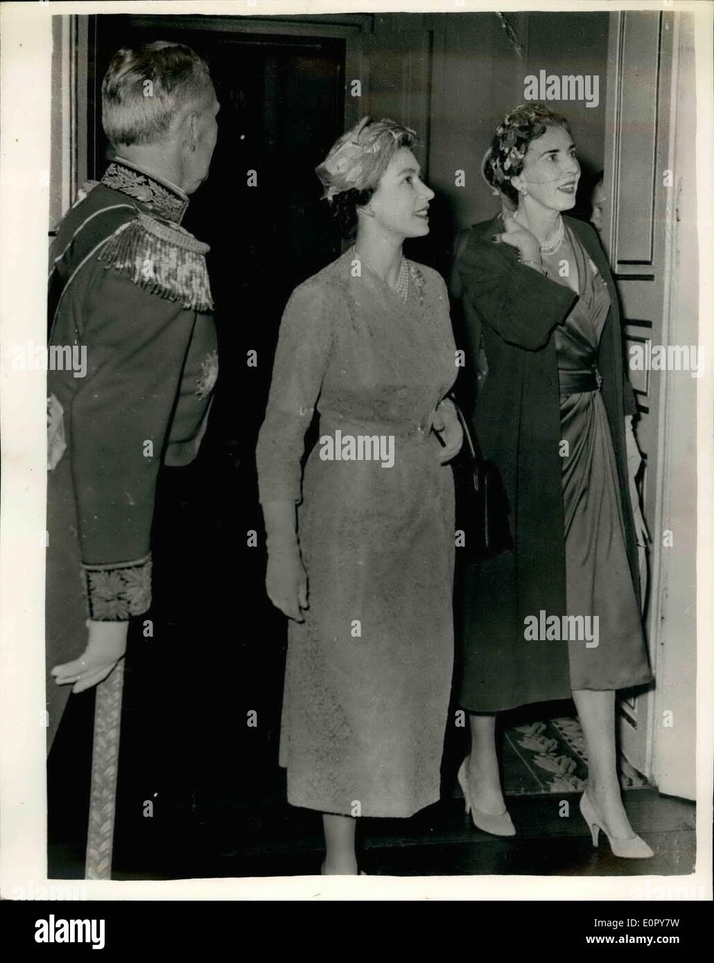 May 05, 1957 - State Visit To Denmark Two Queens. Photo shows Queen Elizabeth and Queen Ingrid seen entering the guest palace placed at the disposal of the Queen and Prince Philip during their stay in Copenhagen. Queen Ingrid appears to be explaining details of the architecture to her guest. Stock Photo