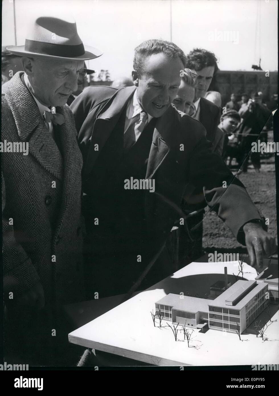 May 05, 1957 - Groundbreaking for Berlin's Atomic Reactor. On May 25, 1957, the mayor of Berlin, Dr. Otto Suhr, performed the ground breaking for the Institute for Atomic Research of Berlin. The institute will take up 90,000 square meters on Wannsee and cost 14,200,000D Stock Photo