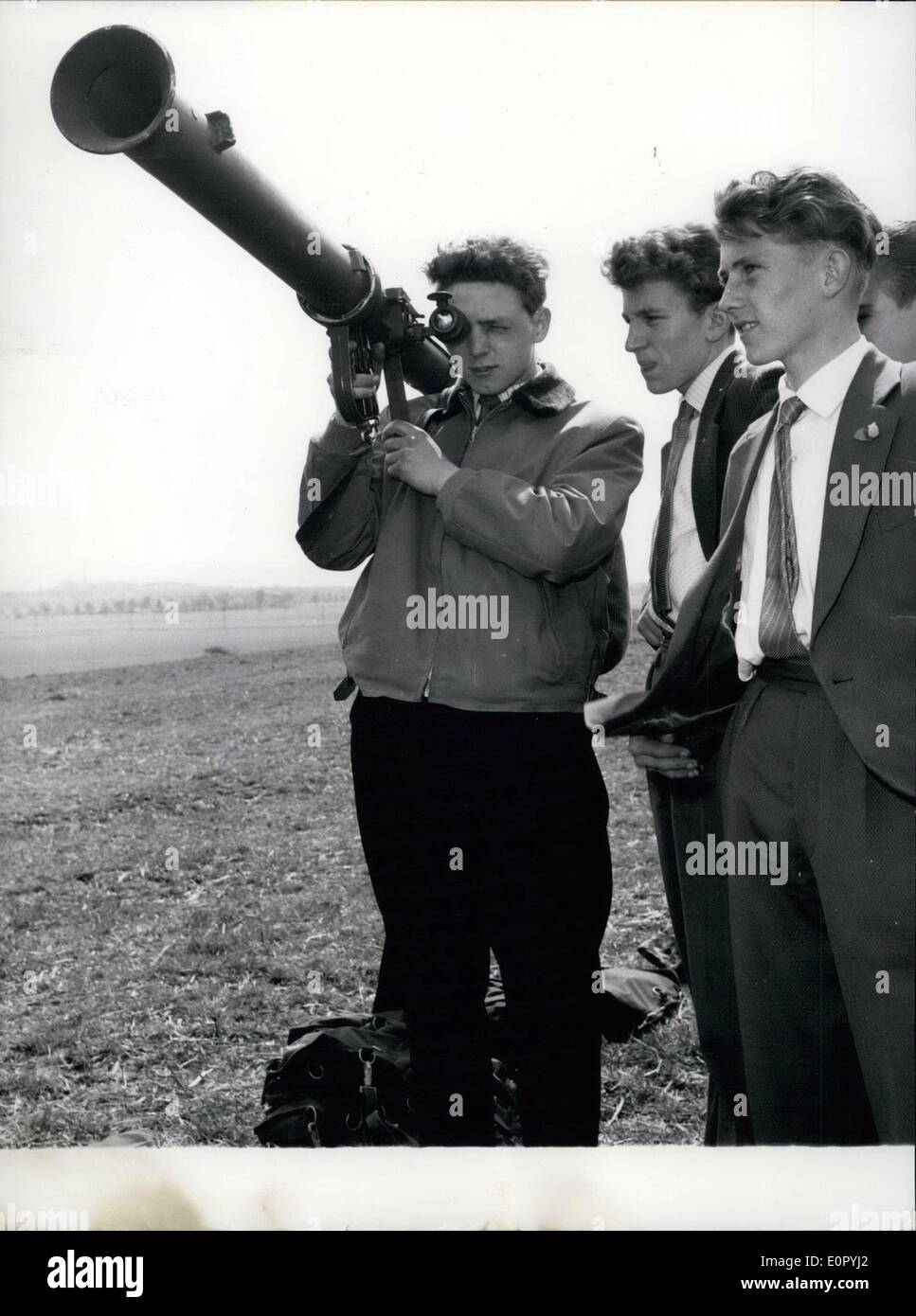 May 05, 1957 - Fifty pupils from Oberhausen: have visited today the Bundeswehr Fla-Artillerie-Battalion 2 at Unna/Westfalen. Photo shows Most interesting were the American anti-tank ''Bazooka' Stock Photo