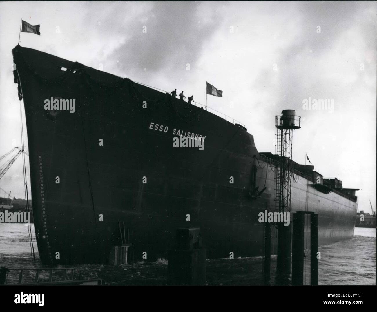 Jul. 07, 1957 - The tanker - third - largest in world.....which has been built at the Howladts-Works in Hamburg, the 36000 ton - turbine-tanker ''Esso Salisbury'' was launched on Saturday (July 24, 1957). Only the two predecessors, the Onassis-ships ''Al Malik Saud Al Awal'' and ''Tina Onassis'' (with 45000 ton) are larger., The ''Esso Salisbury'' has sea length of altogether 691 feet;l machine-capacity is 17600 max, the speed 17 knots. Stock Photo