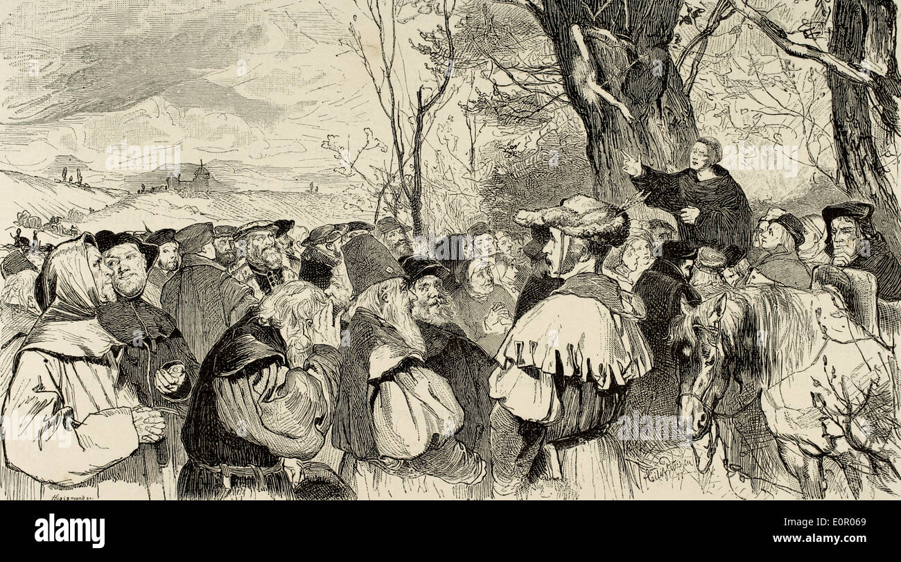 Martin Luther (1483-1546). German reformer. Luther preaching to the crowd in Mora. Engraving by A. Sigismund in Germania, 1882. Stock Photo