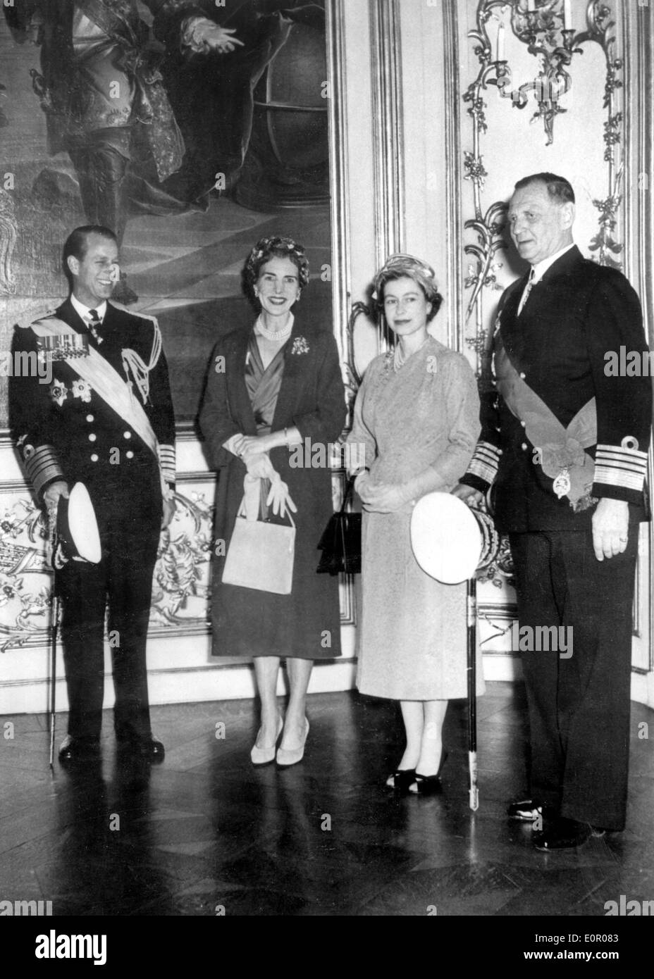 Queen Elizabeth II with Prince Philip, Queen Ingrid and King Frederick IX Stock Photo