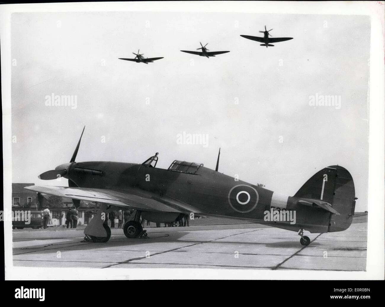 Jul. 07, 1957 - Spitfire Aircraft Join ''Batlle of Britain flight'' at R.A.F. Biggin Hill; The tress remaining Spitfires in the Stock Photo