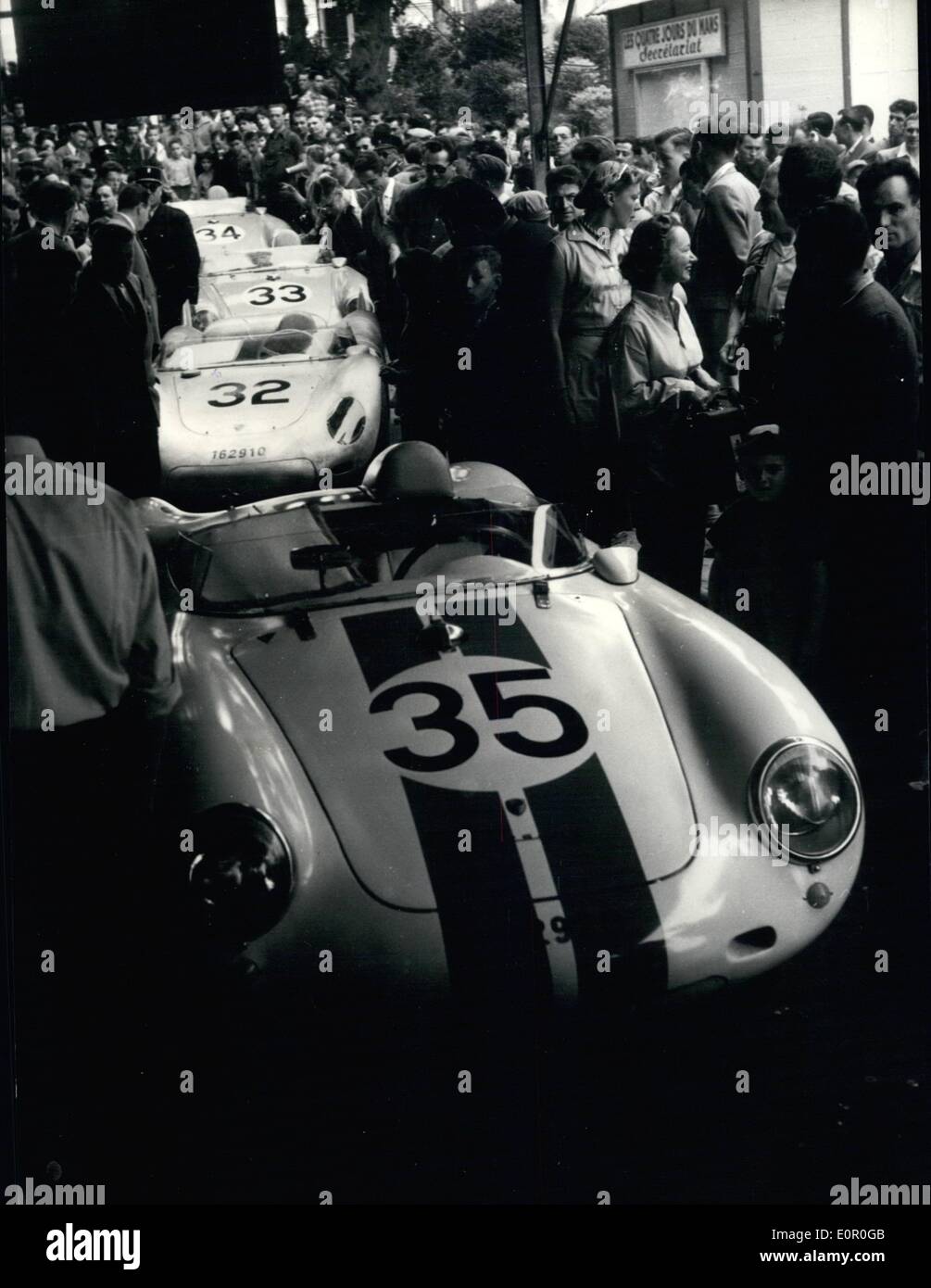 Jun. 06, 1957 - 24 hour Le mans race to start Saturday: the 24 hour motor race round the famous Le Mans tracks will be held next Saturday and Sunday. Photo shows general view of the cars during the weighing control this morning. Stock Photo