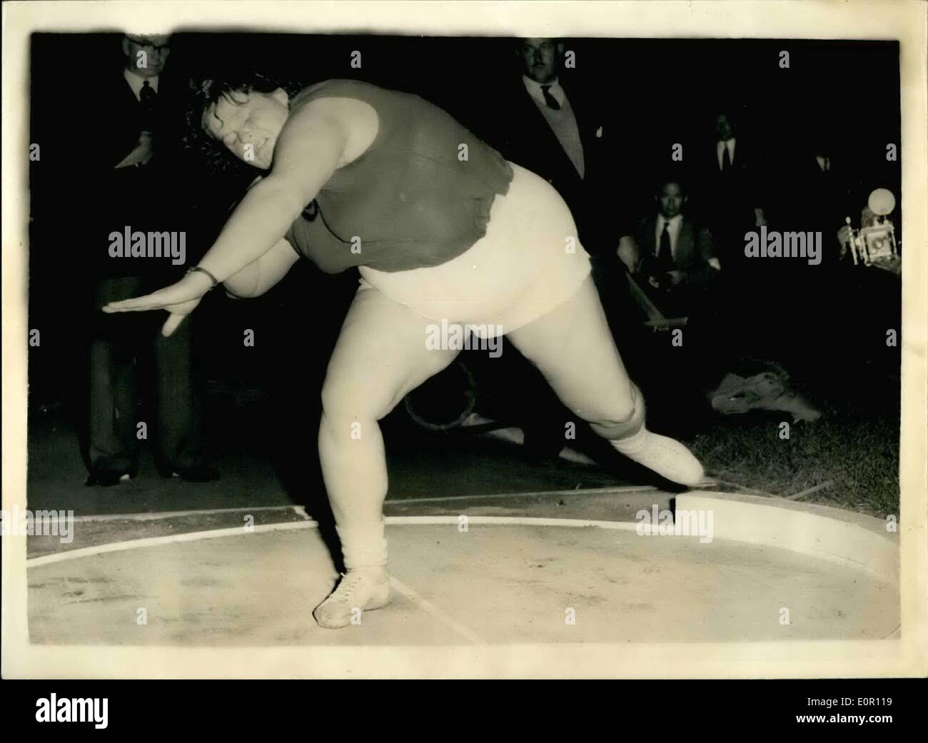 Aug. 08, 1957 - Britain Versus Russia Athletics At London's White City Stadium. Photo shows: Tamara Tyshkevitch, the 16-stone Russian woman weight putter, competing in the putting the weight event this evening. Stock Photo