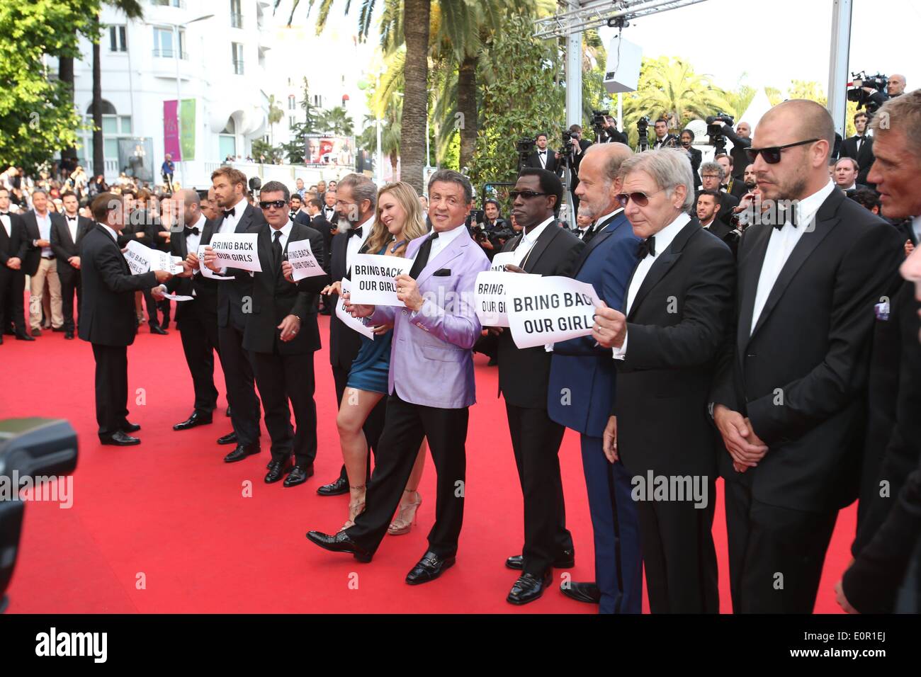 Mel Gibson, Ronda Rousey, Sylvester Stallone, Wesley Snipes, Kelsey Grammer, Harrison Ford and director Patrick Hughes attend the premiere of 'Expandables 3' during the 67th Cannes International Film Festival at Palais des Festivals in Cannes, France, on 18 May 2014. Photo: Hubert Boesl NO WIRE SERVICE Stock Photo
