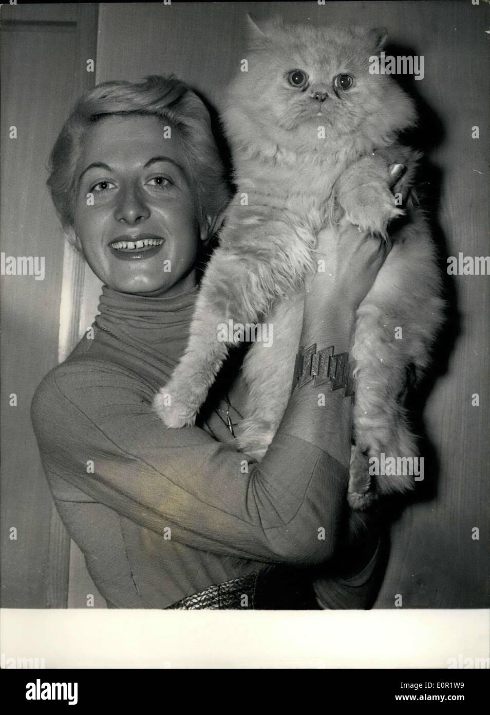 Oct. 04, 1957 - Cat Show in Paris: A Cat Show opened in a Rue Royal Gallery today. A blue Persian named ''Dragon'' with his Mistress. Stock Photo