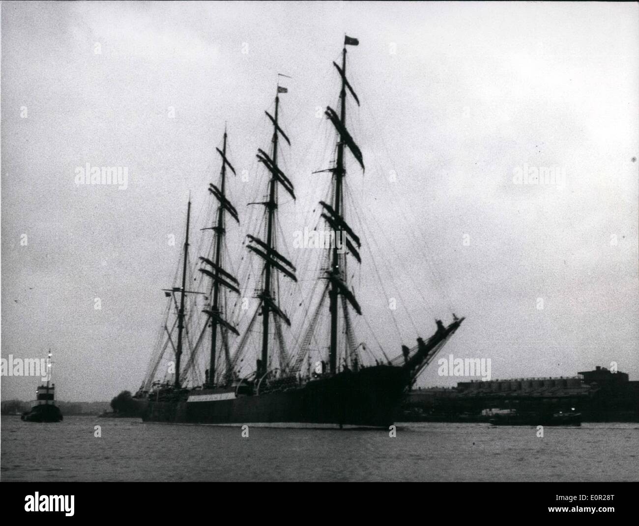 Dec. 12, 1957 - ''Passat'' again in Hamburg: The German windjammer ''Passat'', the sister-ship of the ''Pamir'' returned Sunday, December 8, 1957 to its home-port Hamburg. The ship had suffered a storm near the Azores by the beginning of November during which part of the grain had slid to one side. In the port of Lisbon, where the windjammer arrived under own power, the grain had to be reloaded - all of its 4000 tons Stock Photo
