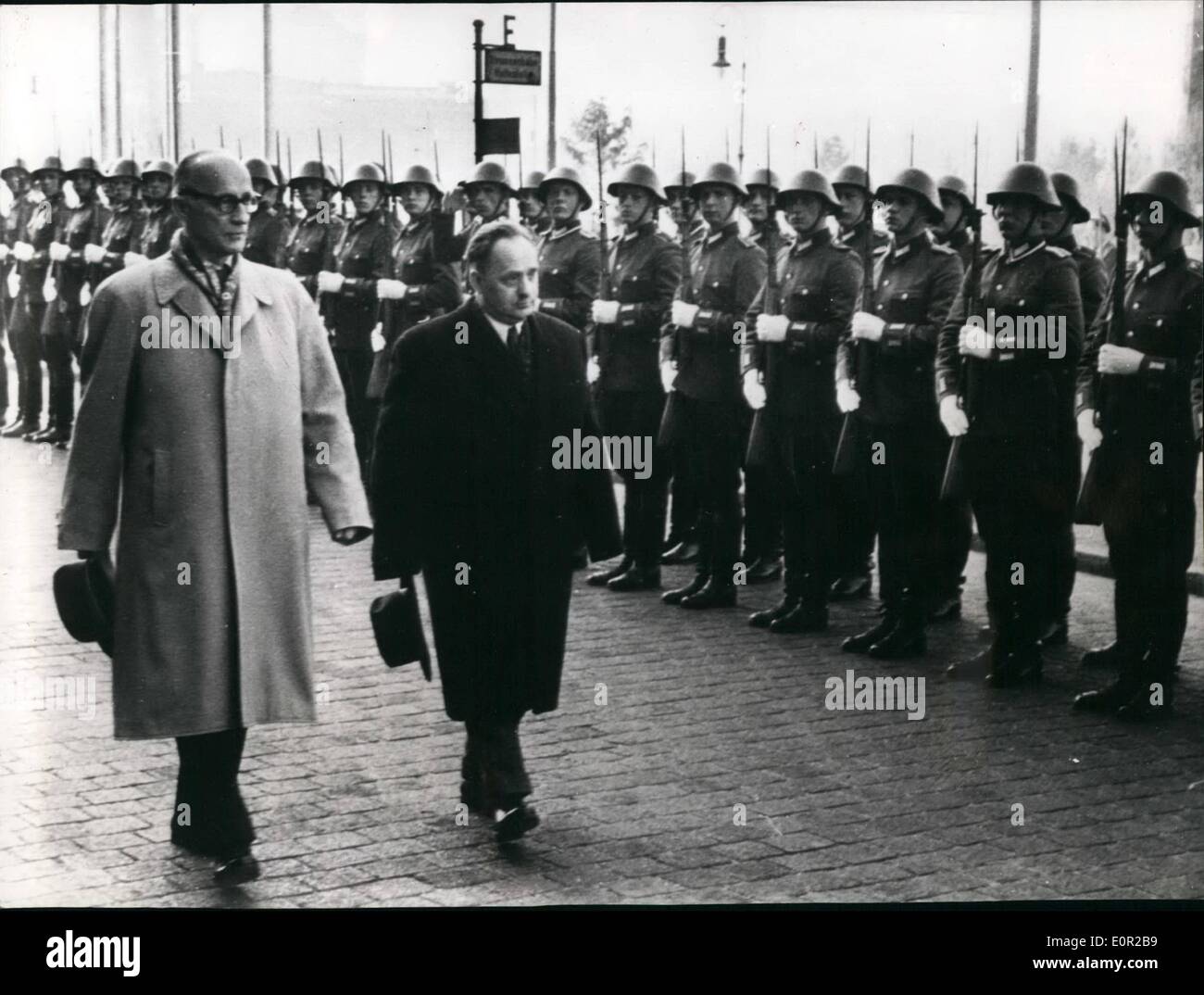 Oct. 10, 1957 - Russian Satellite Meet In East Berlin!: Parliamentaries delegations from Poland, Czechoslovakia and East Germany arrived in East Berlin (5-10-57). for top political discussion. Photo Shows Sejm-Marshall Czeslaw Wycech (right) inspecting a guard of honor upon his arrival in East Berlin. At left: Johannes Diekmann, President of the ''Volkskamer' Stock Photo