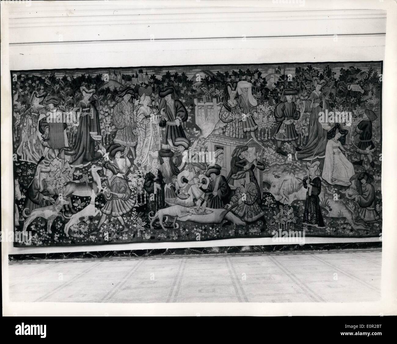 Oct. 10, 1957 - Hunting Tapestries previously owned by the Dukes of Devonshire on show.: two of the set of four Hunting Tapestries previously owned by the Dukes of Devonshire, are being shown for a month from today in the new Acquisitions Court of the Victoria and Albert Museum. The tapestry which has recently been cleaned and restored (the Roe Deer Hunt) is being shown together with one of the three pieces not yet cleaned (Falconry) Stock Photo