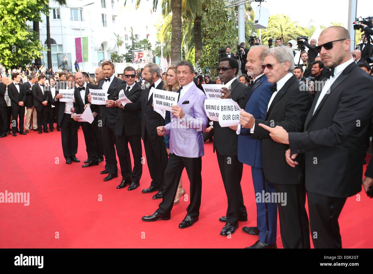 Mel Gibson, Ronda Rousey, Sylvester Stallone, Wesley Snipes, Kelsey Grammer, Harrison Ford and director Patrick Hughes attend the premiere of 'Expandables 3 during the 67th Cannes International Film Festival at Palais des Festivals in Cannes, France, on 18 May 2014. Photo: Hubert Boesl NO WIRE SERVICE Stock Photo