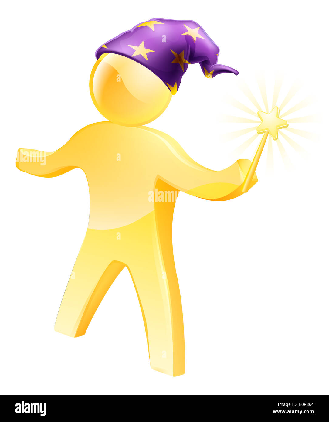 A gold wizard mascot waving a wand and wearing a purple hat Stock Photo
