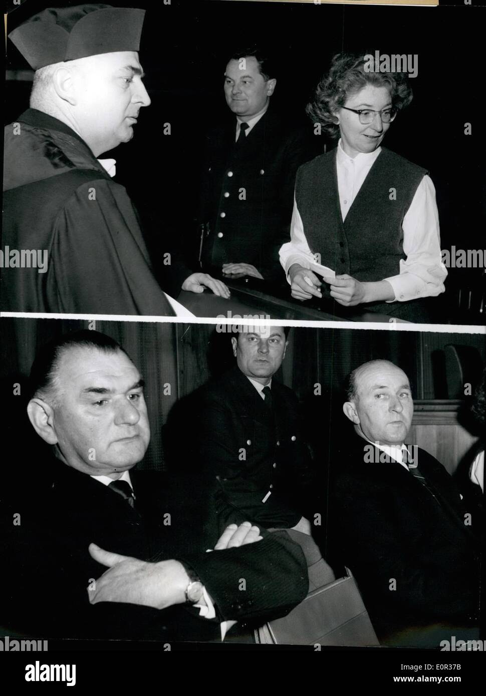 Nov. 11, 1957 - Fraeulein Sonntag in Munich's jury trial; On November 27, 1957 at 8:30 hours started in Munich the jury trial against the 36 years old denounce Ursula Sonntag, who is being accused to have denounced her former boss, the bank-direction Miethe to the Gestapo, because he had made prejudicial remarks. Miethe had been arrested and sentenced to death. Co-defendandts are the former block-leader Oswald Micheal and the former district leader George Joschke of Hindenburg/upper Silesia Stock Photo