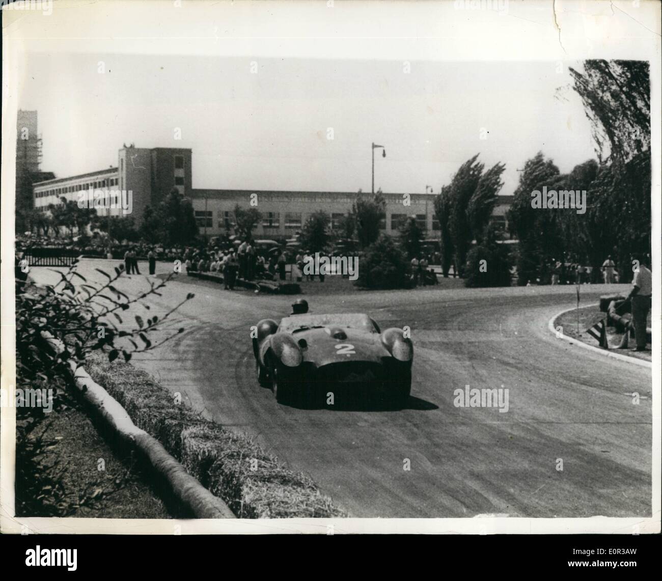 Jan. 01, 1958 - Peter Collins wins Buenos aires sports car race driving a Ferrari: British driver Peter Collins won the sports Car event - during the recent Buenos Aires Grans Prix - driving a Ferrari... Mike Hawthorn, also in a Ferrari took second place.. Photo shows Peter Collins in his Ferrari nearing the end of his victorious race in Buanos Aires. Stock Photo