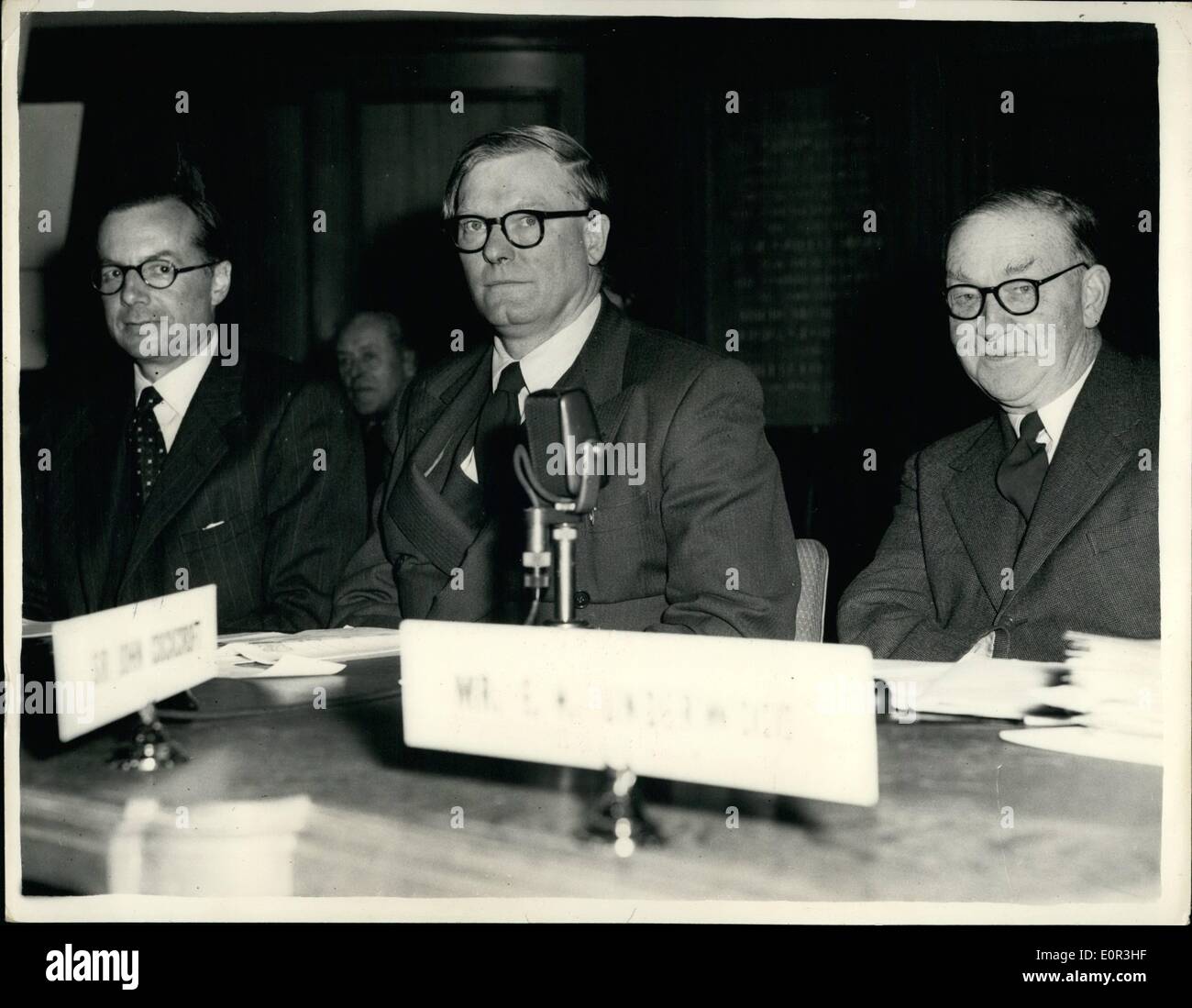 Nov. 11, 1957 - Press Conference on the Windscale Mishap. Atomic Energy authority leaders- attend.: Sir Edwin Plowden, Chairman Stock Photo