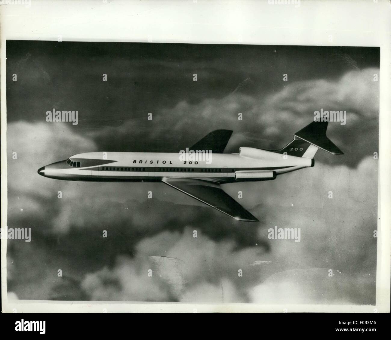 Jan. 01, 1958 - First Photo Of Bristol 200 proposed to Bea by Bristol - Hawker Siddeley. Whilst Bea is considering his new jet airliner, the Bristol - Hawker Siddeley partnership announced last night that a sales team was on its way to the United States for discussions with American airlines. The Bristol 200 has been designed as the ultimate sub-sonie short range airliner with a cruising speed in excess of 600 miles per hour (965 km/hr) and able to carry up to 100 passengers over ranges between 300 and 1,700 miles (482-2735 km) Stock Photo