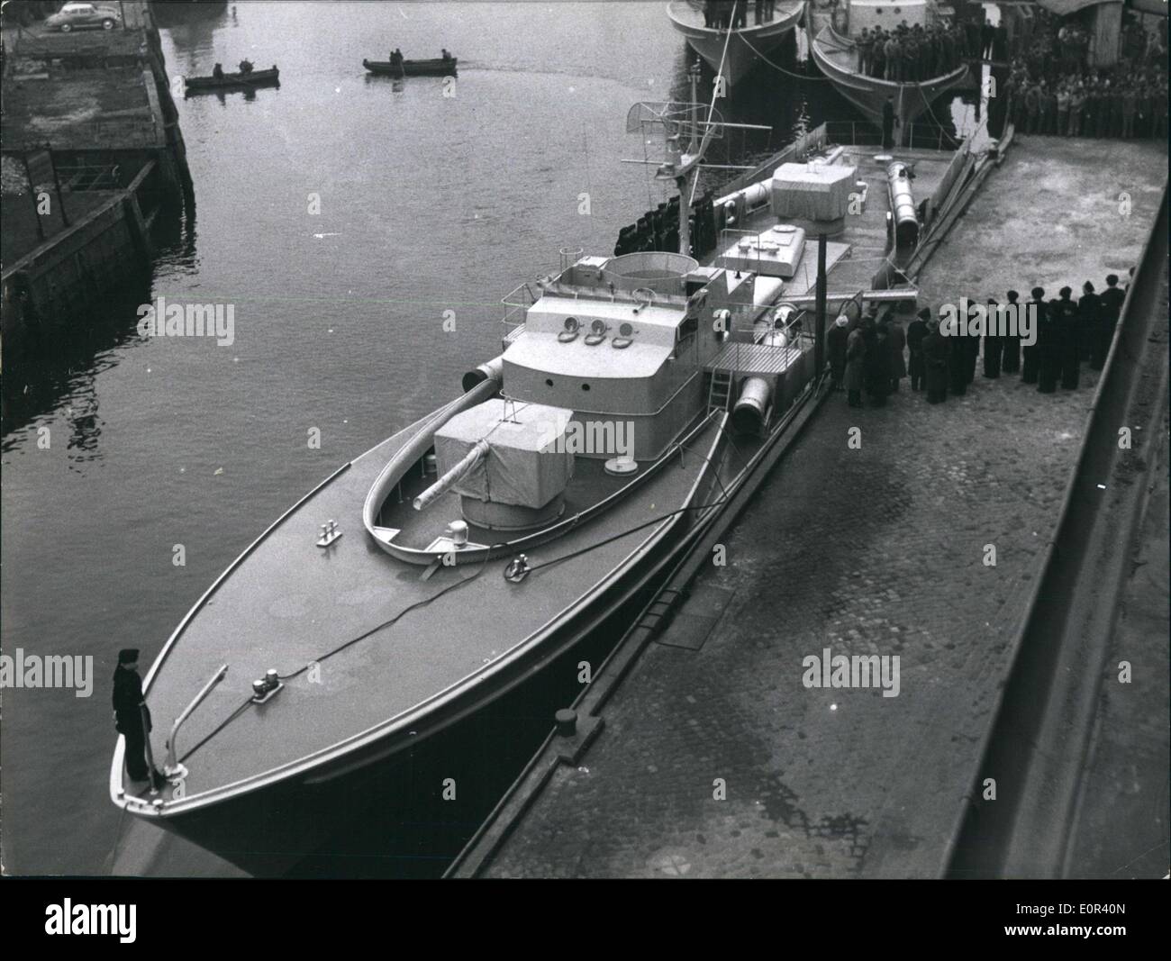 Nov. 17, 1957 - The first German Navy fast boat which was completed as the first of a new built series of 30 boats after the war seen in the Luerssen-wharf of Bremen Vegesack. The boat is 40 meters long has 4 Diesel engines with a power of 12.000 HP and a speed of 40 knots and has an equipment of 43 men. The boat is larger than the boat of the old German war-navy. Stock Photo