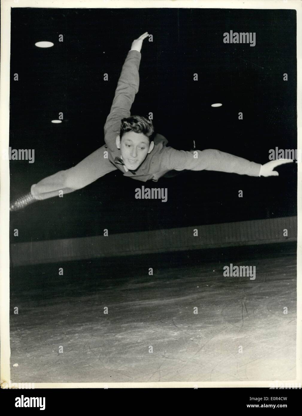 Feb. 02, 1958 - European Ice Skating Championships. A fine action shot of A. Calmat, of France who was placed third in the Men's Figure Skating - at the European Ice Skating Championships in Bratislava. Stock Photo