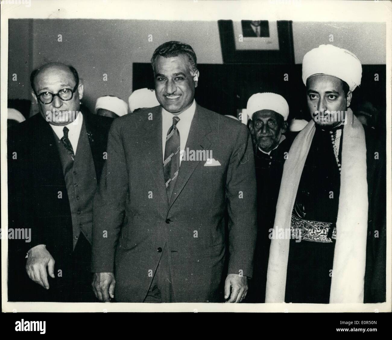 Mar. 03, 1958 - Yemeni Prince meets President Nasser - in Damascus.: President Nasser of Egypt - met Syrian leaders at the Guest Palace in Damascus - during his recent visit in connection with the unity of Syria with Egypt. Photo shows President Nasser with Emir Seif El Islam Mohame El Badr at the guest Palace in Damascus. On the left is El Sayed Sabry El Assaly the Syriaan Prime Minister. Stock Photo