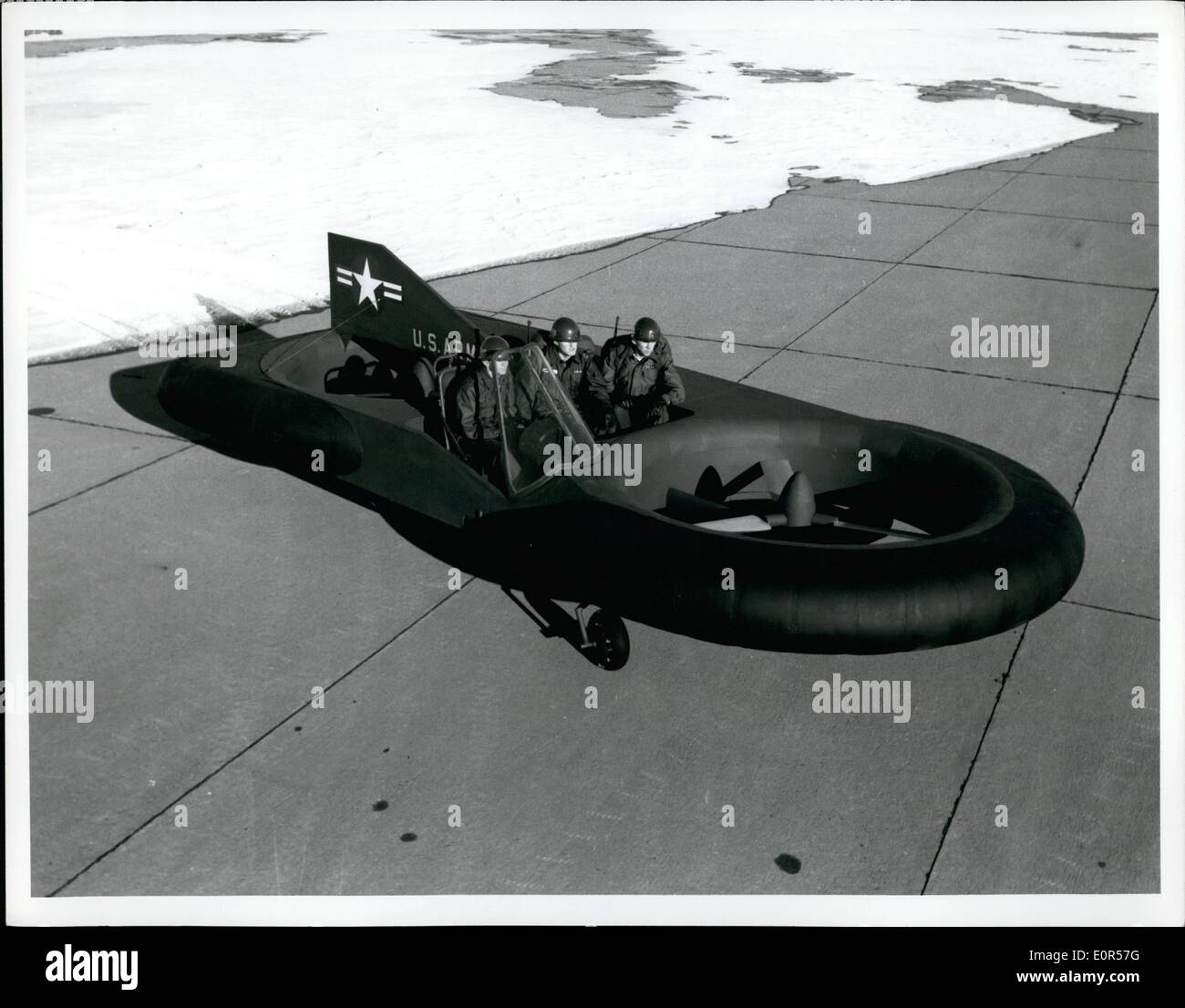 Mar. 03, 1958 - Philadelphia,PA.: A new experimental airborne vehicle, being developed for the US Army transportation corps by Piinecki aircraft corporation, is expected to perform most of the tasks of the conventional ground ''jeep'' and to have the charactiristics of a small helicopter. A full-scale mockup is now being used in the developing of a flying prototype. The vehicle is designed for use as a light utility transport, an observation platform or artillery director, and as an airial platform for close support and ''hit-and-run'' tactics. Stock Photo