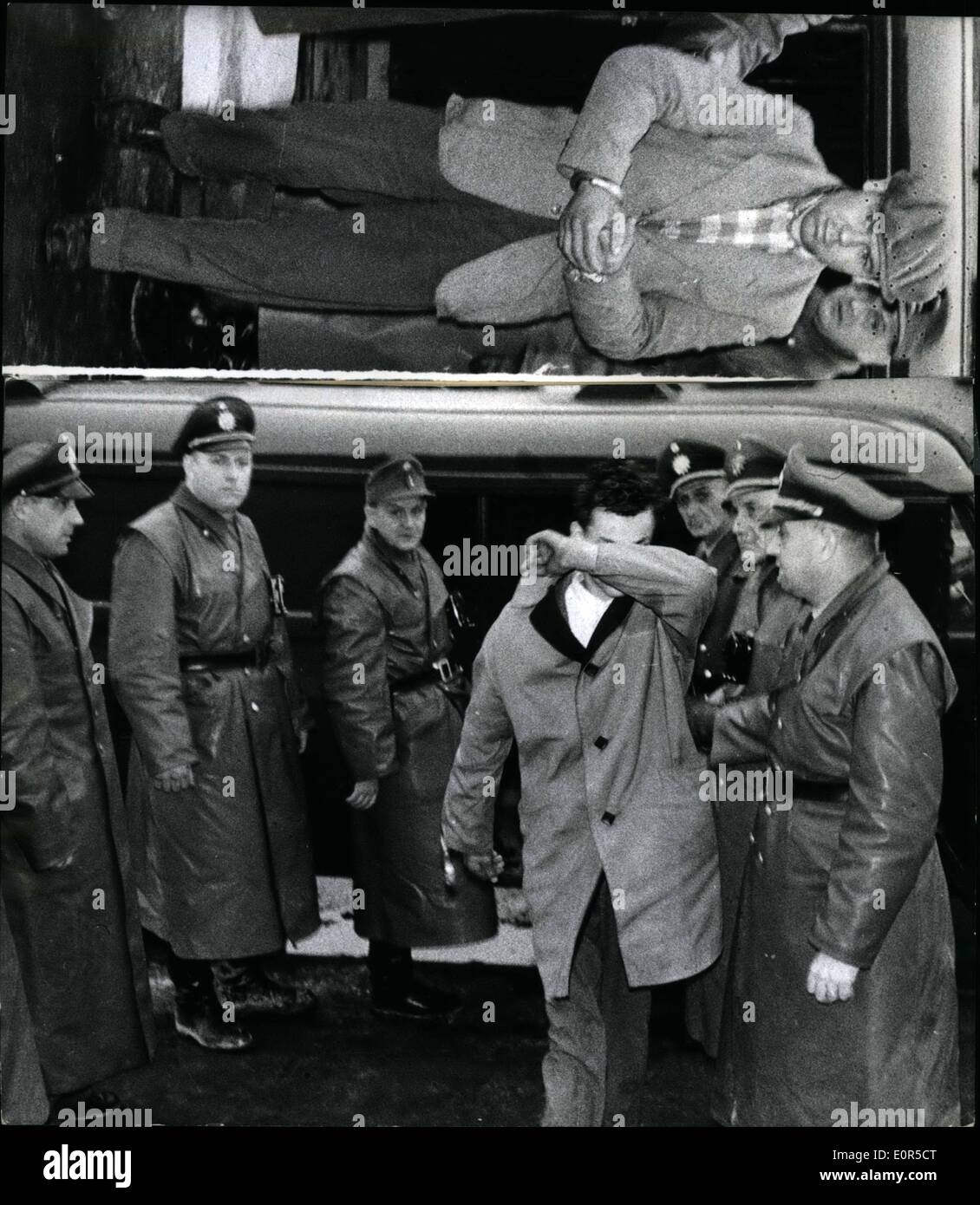 Mar. 03, 1958 - Three of the escaped persons in Wurzburg caught: Because one of the criminals, Brunner, didn't want to walk eleven and half an hour from Warburg to Kassel, he was appealing to the police at the station of Kassel, betraying the number of the stolen car, with which the criminals Gustav Schwarz (GUSTAV SCHWARZ), Manfred Biederer (MANFRED BIEDERER) and Edmund Zahl were trying to escape. Persecution in the districts of Marburg and Frankenberg very soon was leading to the detaining of the three criminals Stock Photo