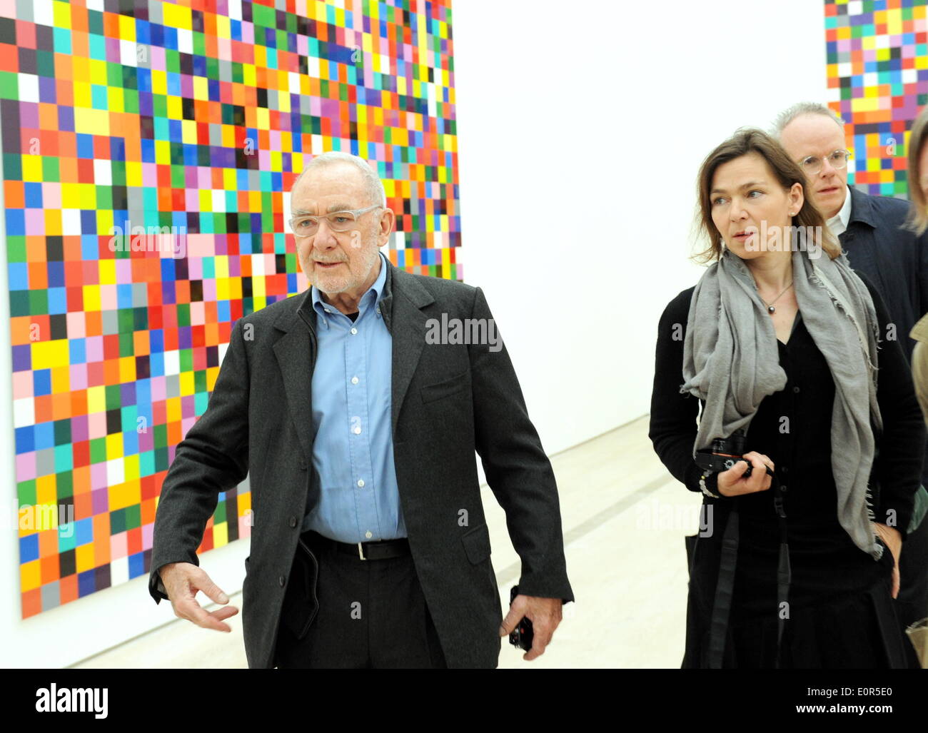 German artist Gerhard Richter, accompanied by his wife, Sabine Moritz, near paintings of series '4900 Farben', on May 16, 2014 on a roundtour before the opening of his new exhibition in the 'Fondation Beyeler in Riehen near Basel (Switzerland). Stock Photo