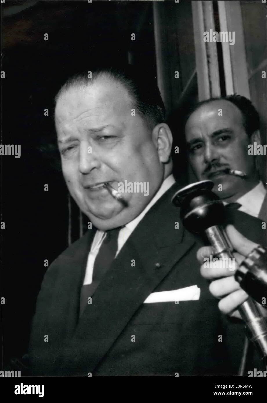 Apr. 04, 1958 - French Cabinet Crisis: As the first steps in his efforts to from the new cabinet, M. Rene Pleven is now endeavoring to achieve political unity over the Algerian problem. Photo Shows:- M. Robert Lacoste, Minister of Algeria, after meeting M. Pleven this morning Stock Photo