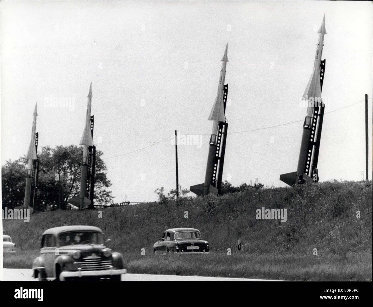 May 22, 1958 - Nike-rockets lined up at the Autobahn.: American Nike -  anti-aircraft - missiles are put up along side the Autobahn Darmstadt-Manheim.  They are belonging to the most important missile