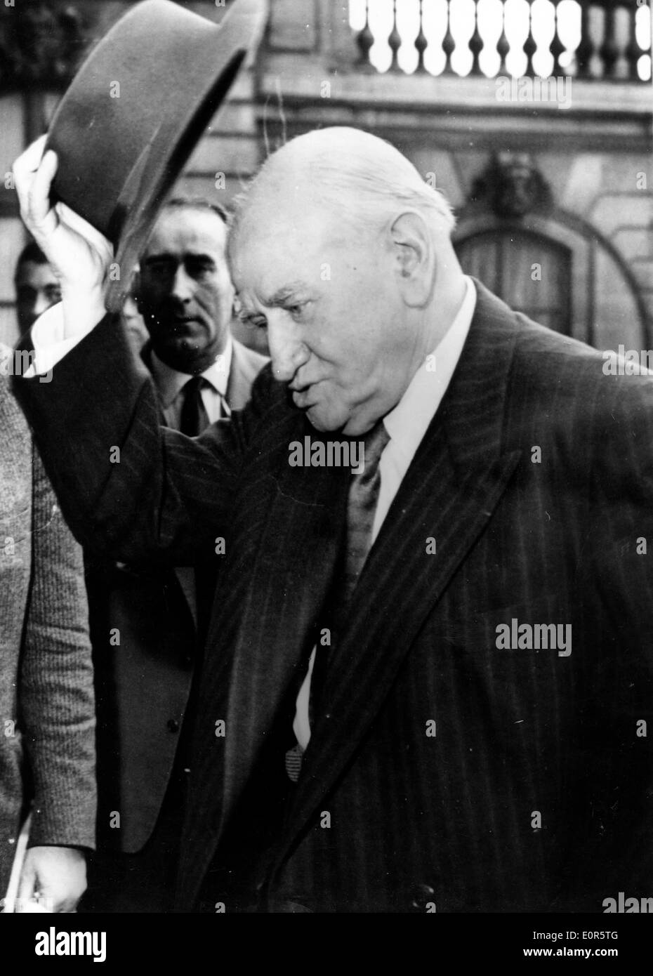 May 30, 1958 - Paris, France - (File Photo) EDOUARD DALADIER was a French Radical-Socialist politician, and Prime Minister of France at the start of the Second World War. PICTURED: EDOUARD DALADIER leaving Elysee Palace after talks with French President Rene Coty. Stock Photo