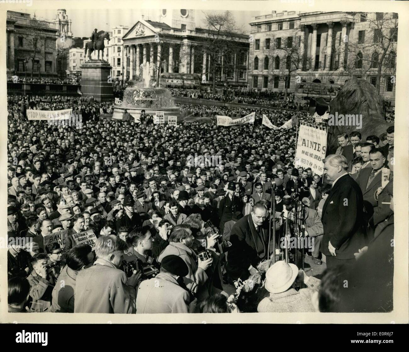 Apr. 13, 1958 - 13-4-58 Labour Party. T.U.C. Stop the tests now demonstration. Aneurin Bevan addresses the gathering. A crowd numbering some thousands congregated in Trafalgar Square this afternoon for the Labour Party and T.U.C. anti Ã¢â‚¬ËœH' Bomb demonstration. The speakers included Mr. Gaitskell and Mr. Aneurin Bevan. Keystone Photo Shows: Mr. Aneurin Bevan addresses the huge crowd in Trafalgar Square this afternoon. Stock Photo