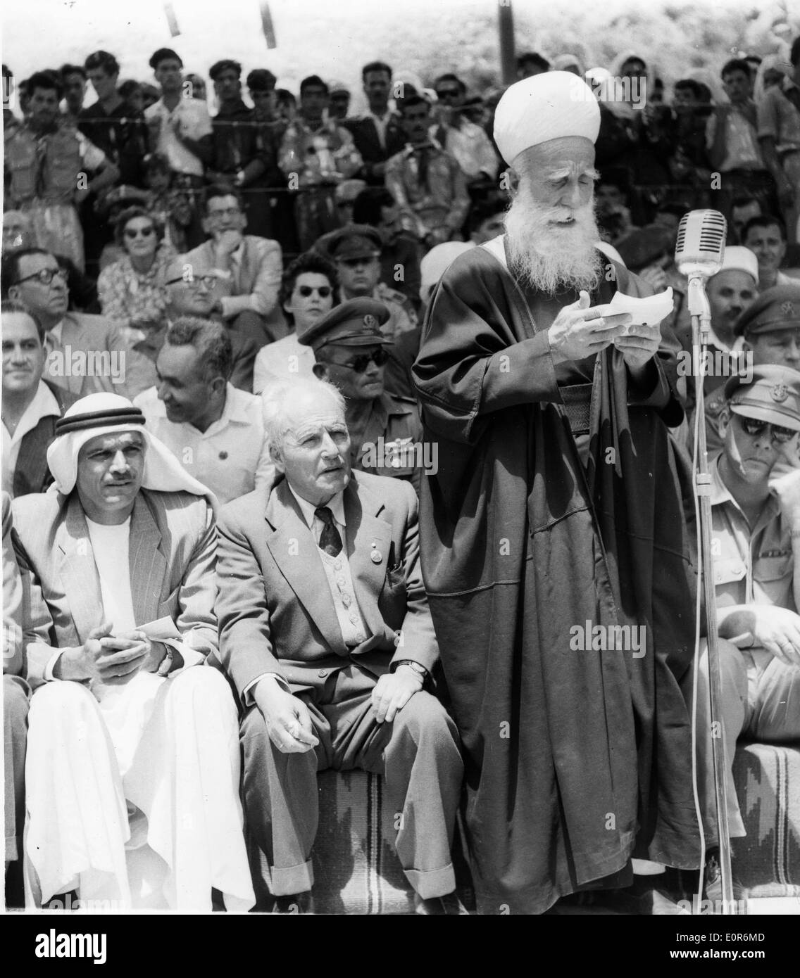 Apr 30, 1958; Jerusalem, Israel; The spiritual leader DRUZES SHEIKH AMIN TARIF speaks during the ceremonies at the tomb of Stock Photo