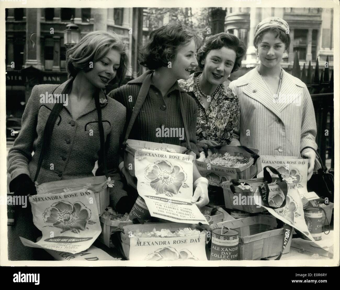 Jun. 06, 1958 - Showgirls sell Alexandra Roses in London. Girls from a number of London shows were to be seen at St. Paul's Cathedral this morning selling Alexandra Roses. Keystone Photo Shows: Four young ladies seen as they collect their consignments of Alexandra Day Roses at the St. Paul's depot this morning. They are L-R: Willow Stockdale and Pamela Morgan both of ''My Fair Lady'' - Marion Grimaldi (''Where's Charley'') and Vanessa Redgrave (''A touch of the sun' Stock Photo
