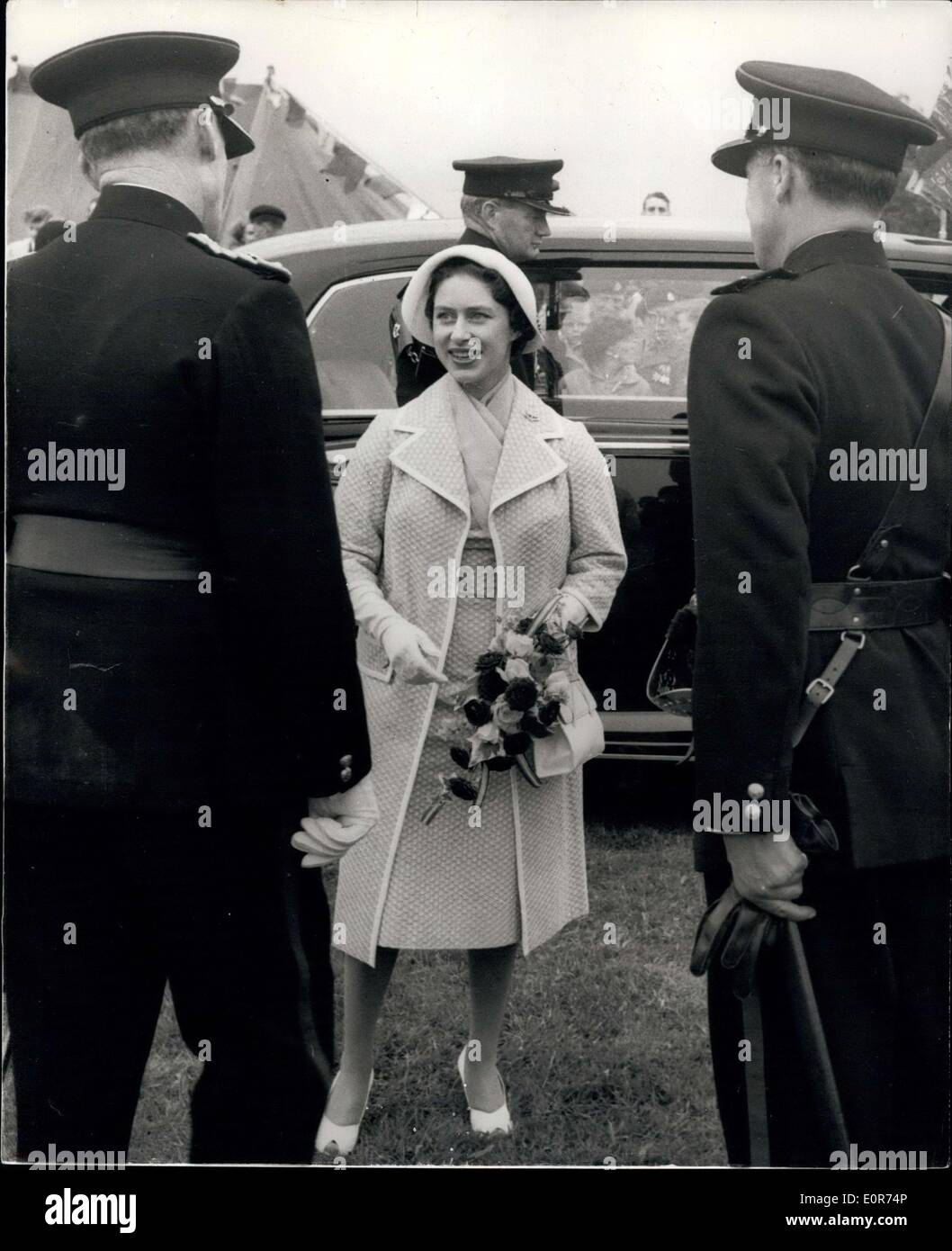 Jun. 09, 1958 - Princess Margaret Visits The 4th Battalion The Suffolk Regiment (T.A.). Photo shows H.R.H. Princess Margaret pictured when she arrived for the visit to the 4the Battalion the Suffolk Regiment (T.A.), of which she is Colone-in-Chief, in the grounds of Benacre Hall, Wrentham, Suffolk yesterday. Stock Photo