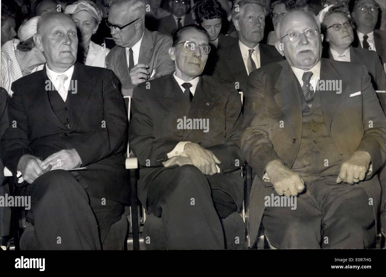 Jul. 02, 1958 - 8th Nobel prize winners assembly at Lindau On July 1, 1958 at Lindau, Bodensee, the 8th assembly of the Nobel prize winners was beginning, 14 members were taking part. Our picture shows from left to right side: Professor Dr. Domagk, Wuppertal, behind him Professor Dr. Todd, Cambridge, England, first line Professor Joliot-Curie, Paris, France and Professor Dr. Staudinger, Fribourg, Germany. Stock Photo