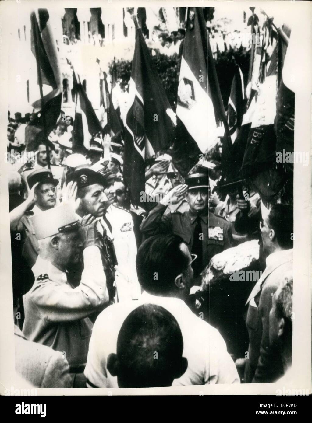 May 05, 1958 - France Faces Revolt In Algeria: French settlers in Algeria last night revolted against the Paris Government. They were led by 50-year old General Jacques Massu, the Commander of the Algiers Region. The rebels seized Algiers Radio Station - and General Massu set up what he term a ''Committee of Public Safety'' - comprising three Colonela - seven civilians and himself. He also cabled President Coty to demand the setting up of a ''Government of Public Safety'' in France to ensure that Algeria remains French whatever the cost Stock Photo