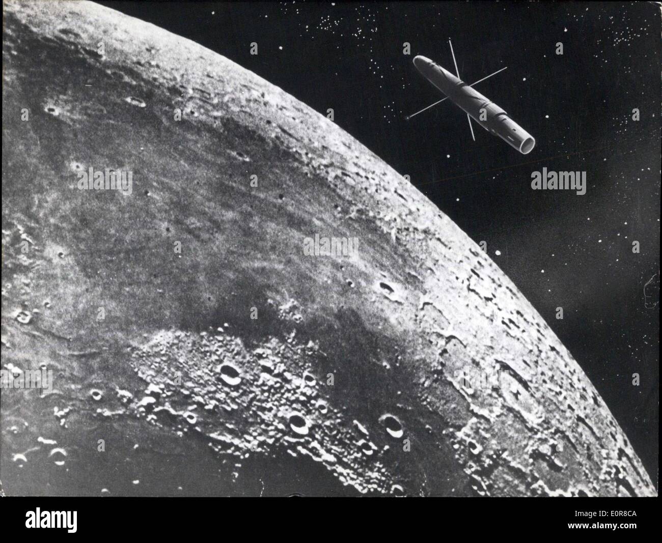Aug. 06, 1958 - Destination Moon: An artists impression of the flight around the moon as it is planned by US-Air force with a Thor-Able missle for the time between August 15th and 17th, when the moon is nearest to our planet. Stock Photo