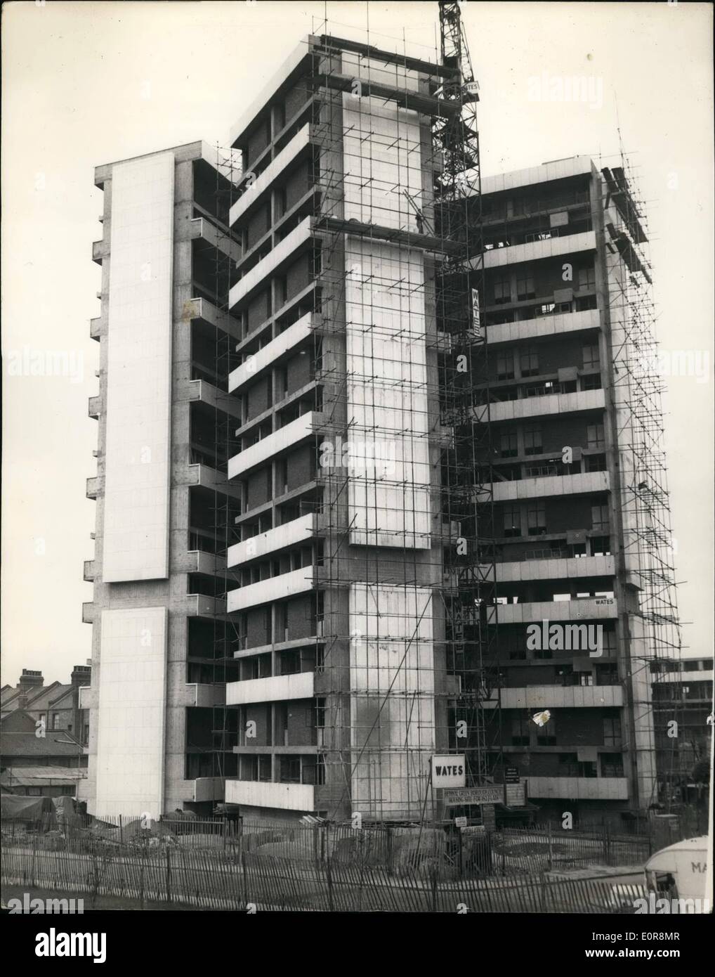 Aug. 08, 1958 - Multi-Storey Maisonettes In London's East End. Unique Design For Individuality.. View of the newly designed sixteen storey building in course of construction in Bethnal Green, London.. The building is to contain 56 maisonettes and 8 bed-sitting room flats.. It is in five sections and is being constructed for the Bethnal Green Borough Council.. There is an independent central core, 170ft. high, which has the staircase, two lifts, drying platforms and refuse chute.. Stretching out form this centre are four blocks - 150ft. high and 40ft. long - 26ft. wide Stock Photo