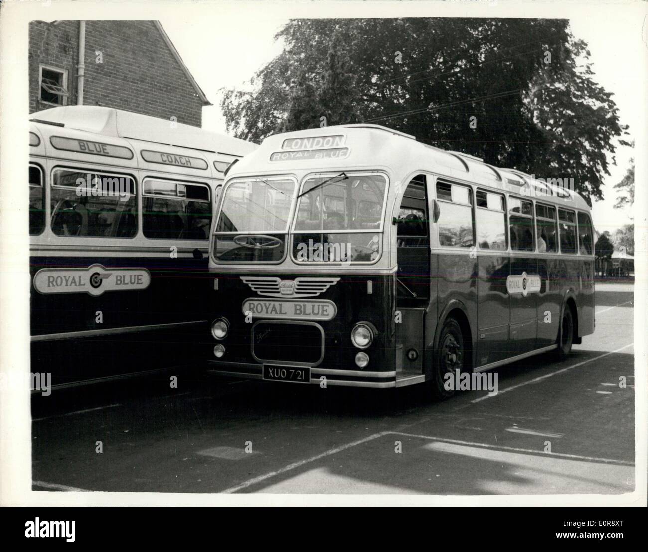 Jul. 10, 1958 - The Hunt for Frank Mitchell ends. Caught on Bournemouth to London Coach: Frank Mitchell, the dangerous maniac who escaped from Broadmoor, was caught yesterday in a Bournemouth to London coach at Hartley Wintney, Hampshire. When police boarded the coach he made no resistance, He had been free for 36hours and had spent the night on Bournemouth beach, 60 miles away. There he was recognised and the police were warned. Photo shows View of the Royal Blue coach in which Mitchell was caught. Stock Photo