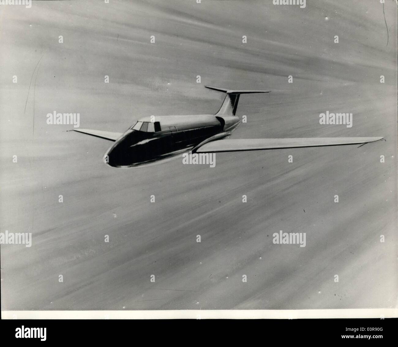 Aug. 08, 1958 - Introducing The Handley Page 113. Long Range Aircraft For Business Executives: The Handley Page Company of Cricklewood has announced the introduction of H.M. 113 - Britain's first high speed long distance small jet liner for executives and V.I. Pep. The Company believes that the machine has great possibilities for use by businessmen in travelling around the world's trade centers. It is designed to carry 12 passengers from London to New York in 6 3/4 hours. It is designed by 62 year of farmer German pilot Dr Stock Photo