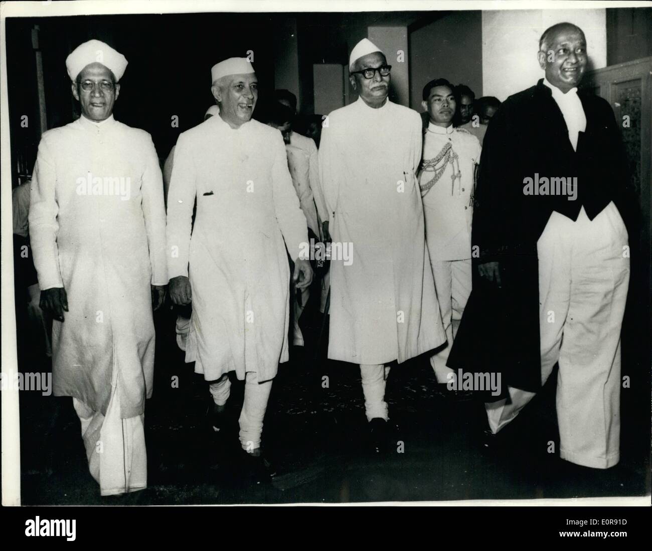 Aug. 08, 1958 - Opening of New Indian Supreme Court building.: The President Dr. Rajendra Prasad and Prime Minister Mr. Nehru were among the many personalities who attended the opening of the new Supreme court building in New Delhi recently. Photo shows the Vice President Dr. S. Rahakrishnan; Mr. Nehru; Dr. Prasad the President and Chief Justice of India Mr. S.R. Das arriving for the ceremony. Stock Photo